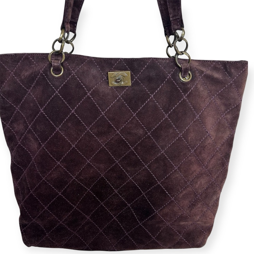 CHANEL Dark Brown Quilted Suede Shoulder Tote with Gold Hardware - Picture 3 of 14